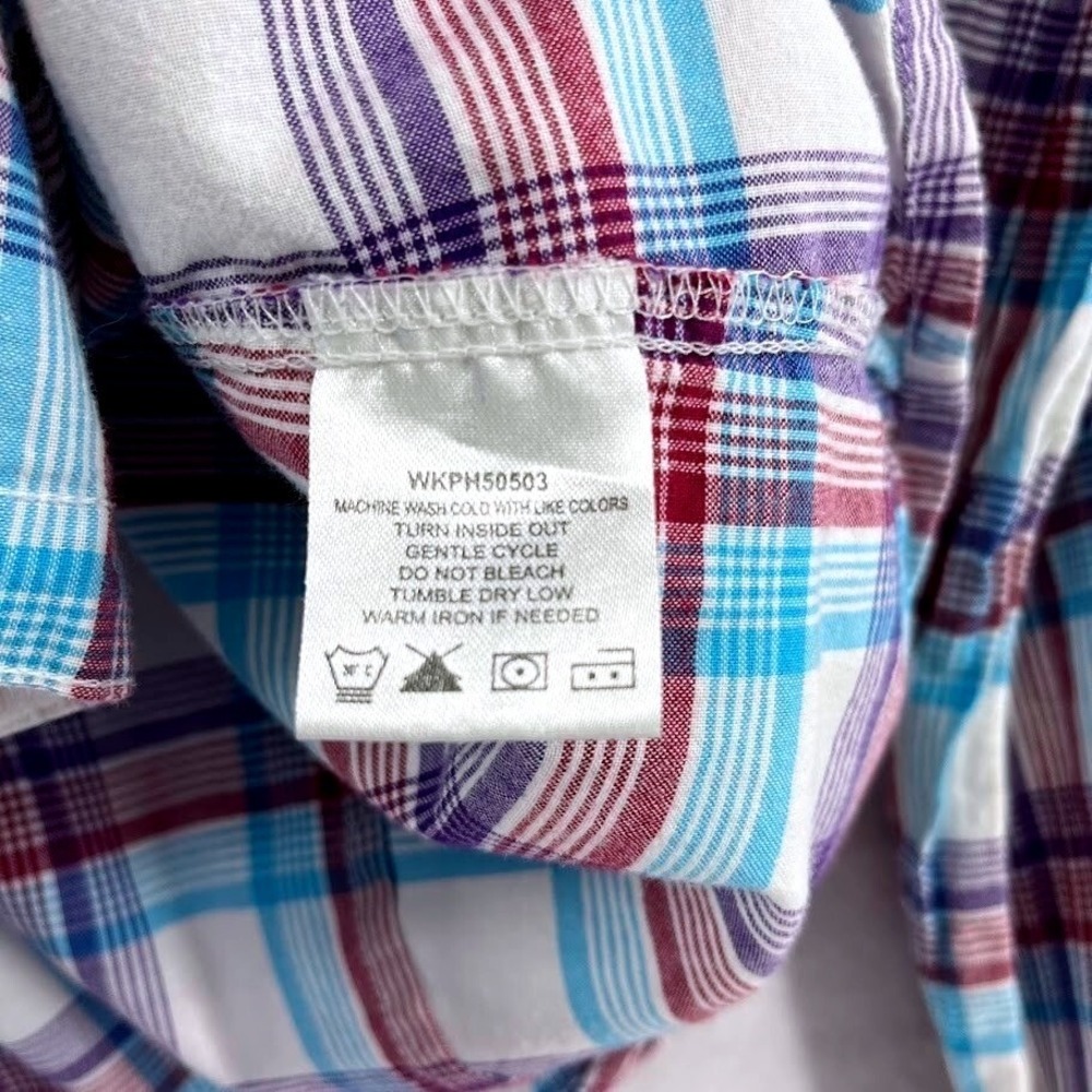 Wrangler Blues Shirt Womens Medium Long Sleeve Pearl Snap Plaid Purple Blue Red - Picture 9 of 9